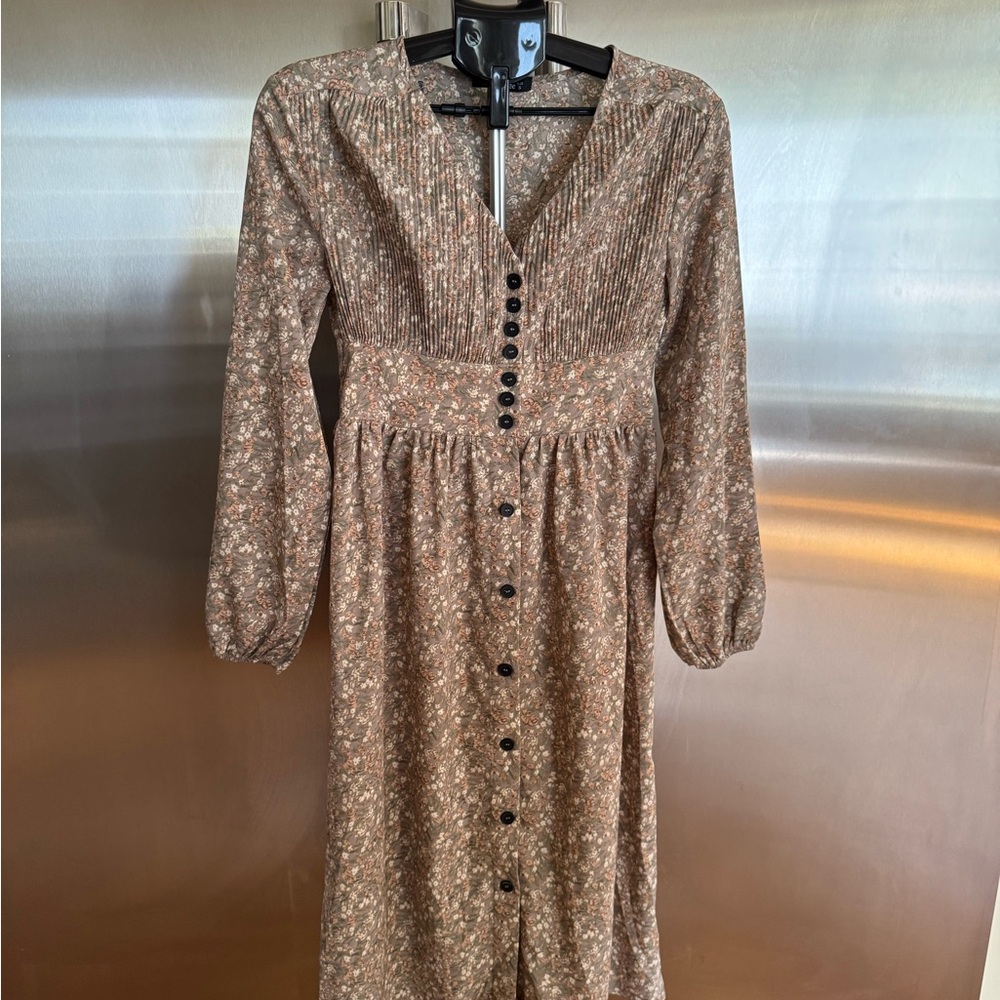 Simplee Apparel Tan Floral Button-Down Dress